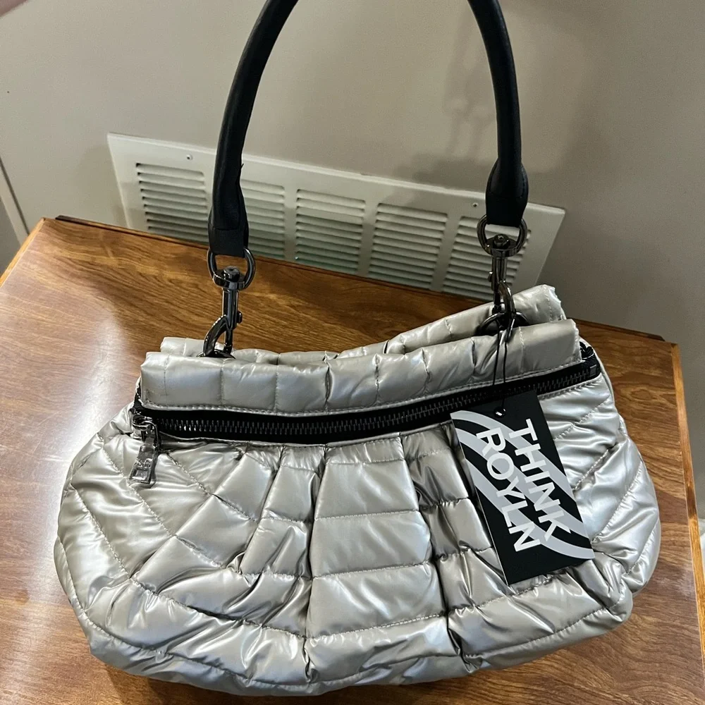 NWT THINK ROYLN Silver Shoulder Bag with Pleated Design - Picture 1 of 8